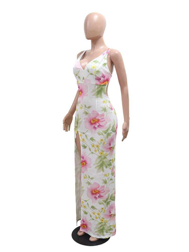 Sexy Sling Floral Print Sequin Backless Slit Maxi Dress