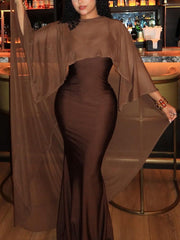 Fashion Mesh Cape Slim Maxi Dress Two Piece Set
