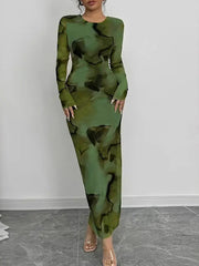 Women's Green Printed Stretch Midi Dress
