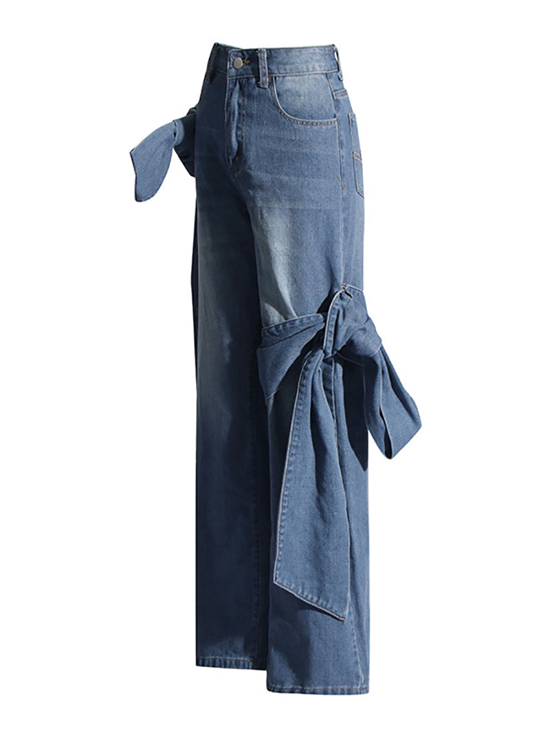 Casual Patchwork Bow Embellishment Straight Jeans