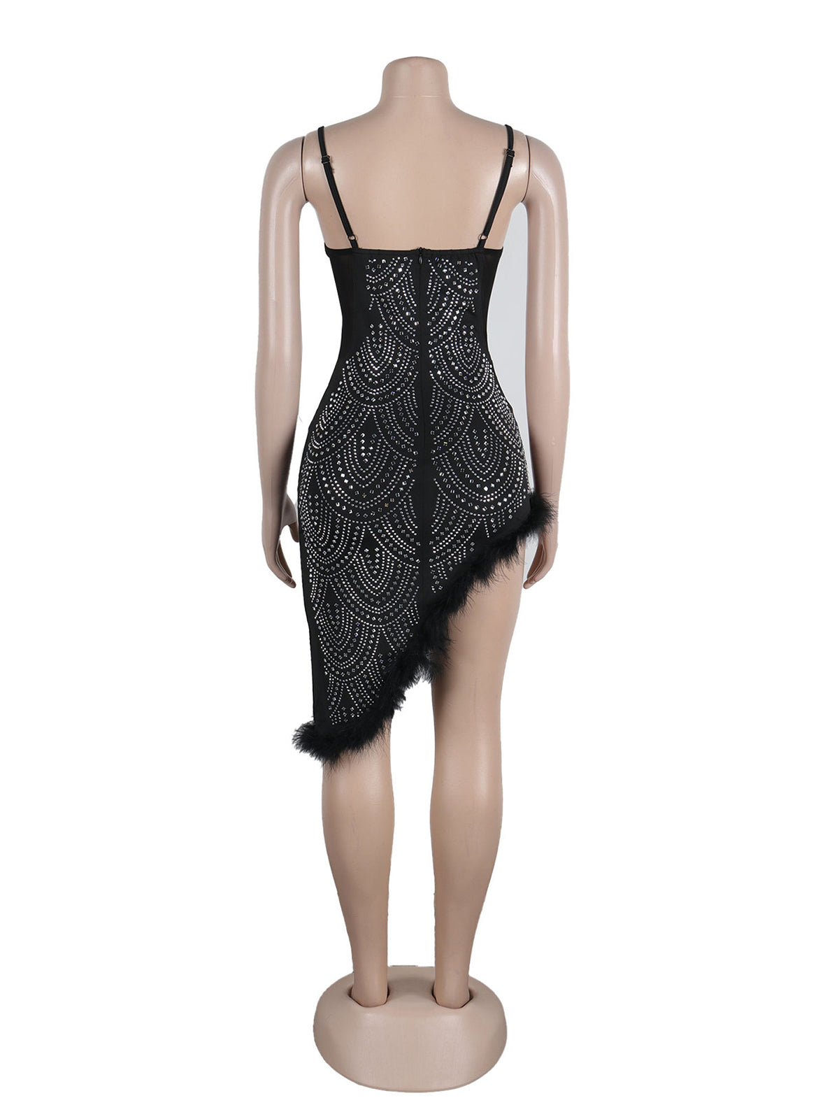 Rhinestone Mesh See through Feather Dress