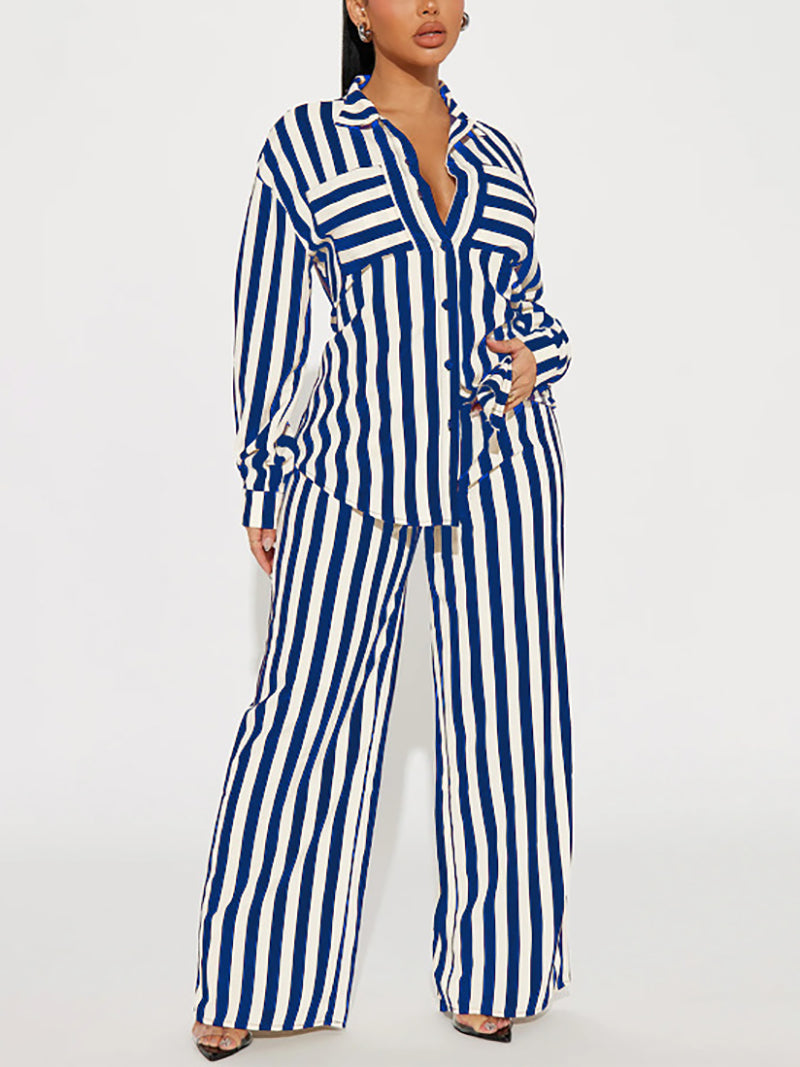 Plus Size Long Sleeve Stripe Shirt Wide Leg Pants Sets