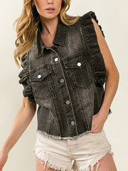 Casual Raw Hem Ruffled Cap Sleeve Denim Jacket