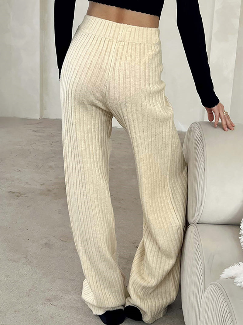 Casual Elastic Waist Ribbed Wide Leg Pants