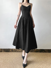Elegant Spaghetti Strap Slim Midi A-Line Dress