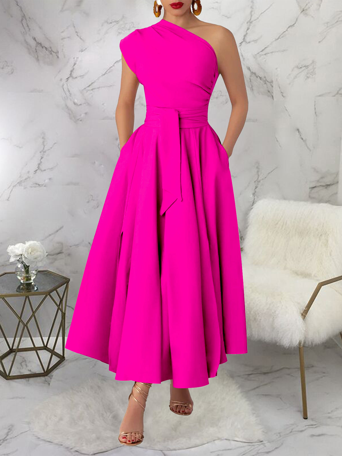 Casual Sleeveless Skew Collar Split Dress