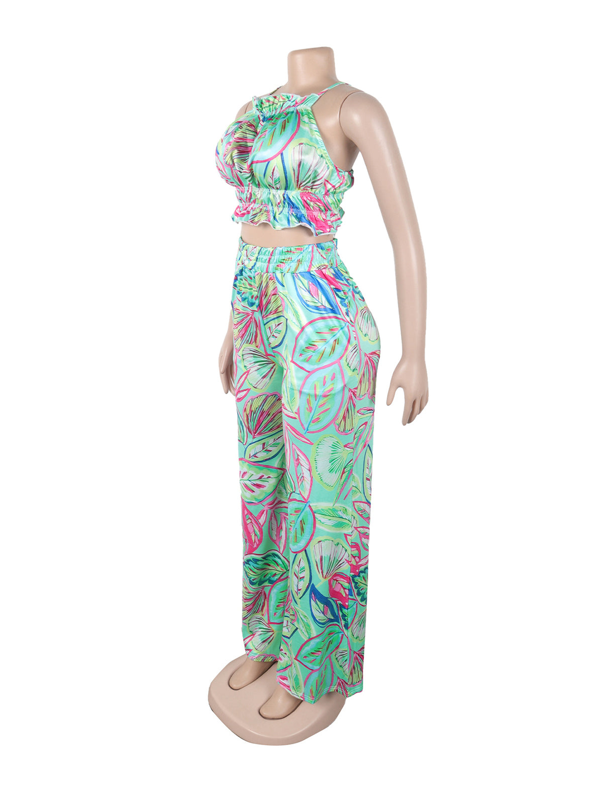 Sexy Print Crop Top High Waist Wide Leg Pants Set