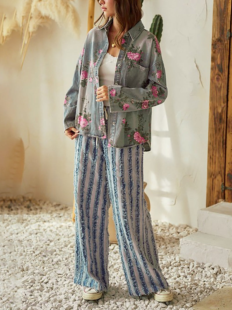 Casual Floral Print Loose Denim Shacket Jacket