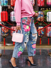 Fashion High Waist Rhinestone Print Ripped Jeans