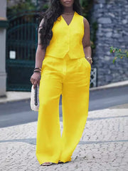 Solid Button Up Vest And Wide Leg Pants Sets