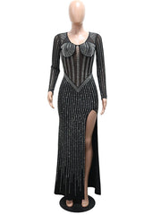 Rhinestone Mesh Long Sleeve Slit Gown