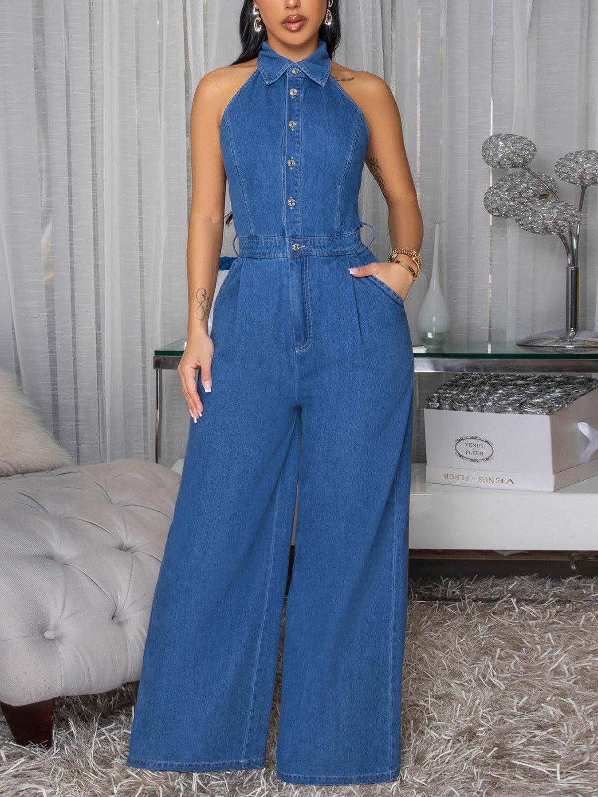 Fashion Sleeveless Denim Halter Jumpsuit