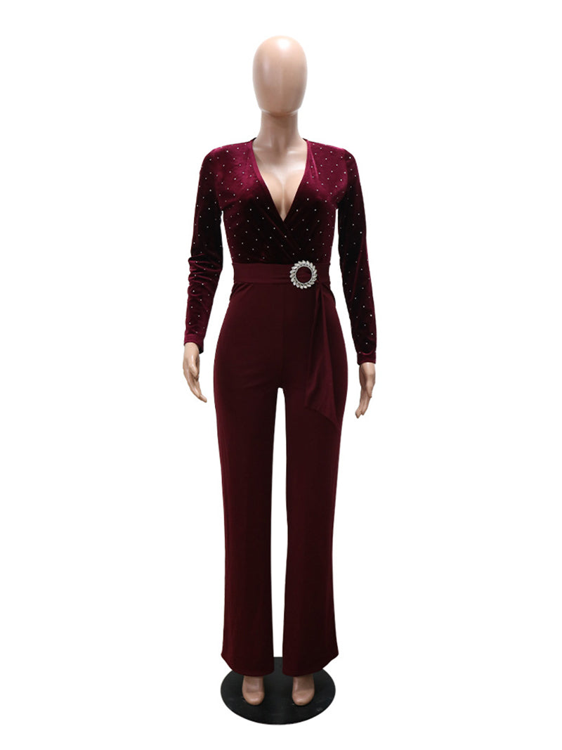 Sexy Rhinestones V Neck Velvet Jumpsuit