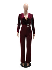 Sexy Rhinestones V Neck Velvet Jumpsuit