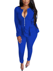 Sexy Zipper Ruffles Top And Pants Suit Set