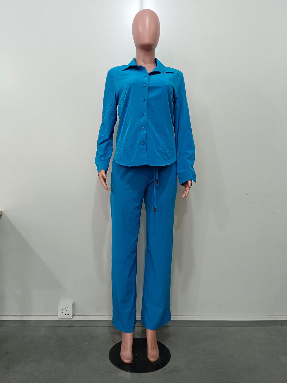 Casual Long Sleeve Shirt Drawstring Pant Set