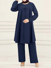 Elegant Solid Long Sleeve Muslim Two Piece Set