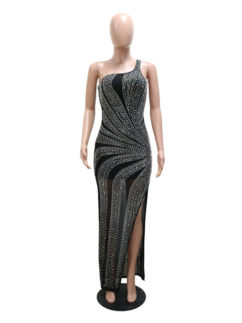 Sexy One-Shoulder Rhinestone Decor High Slit Maxi Dress