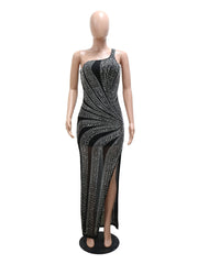 Sexy One-Shoulder Rhinestone Decor High Slit Maxi Dress