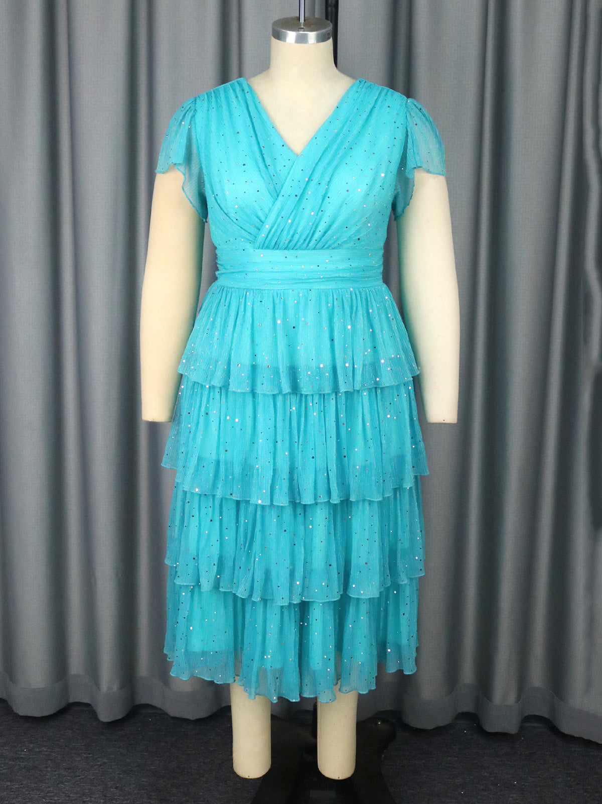 Elegant V Neck Sequin Mesh Layered Midi Dress