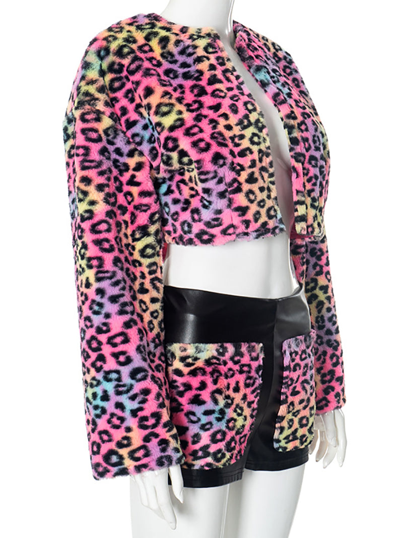 Colorful Leopard Fur And Leather Patchwork Short