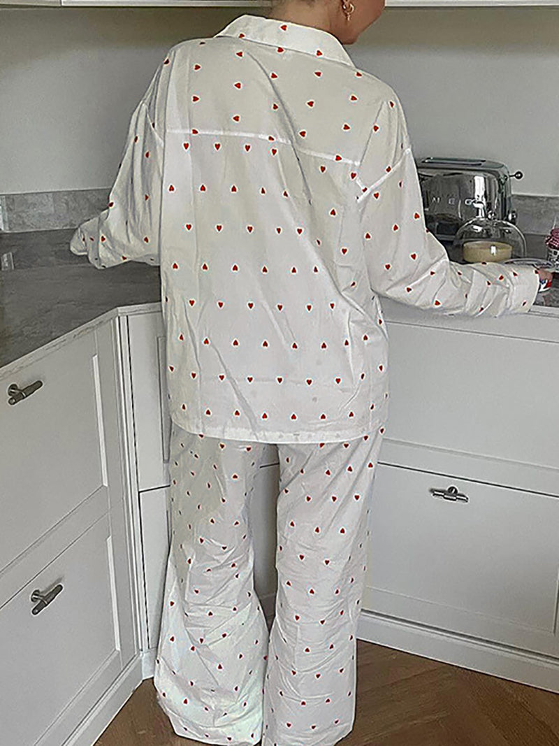 Casual Heart Print Shirt And Trouser Two Piece Set