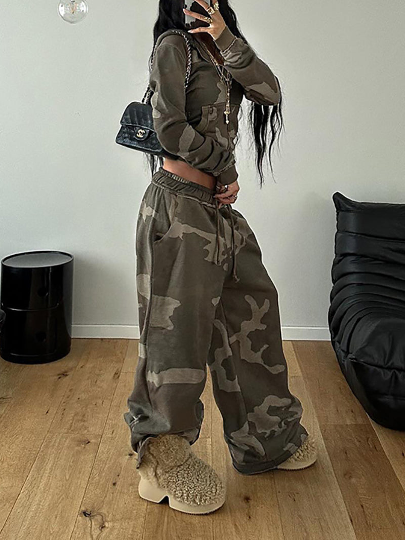 Camo Print Hoodie Wide Leg Pants Two Piece Set