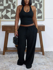 Halter Crop Top And High Waist Wide Leg Pants Sports Set