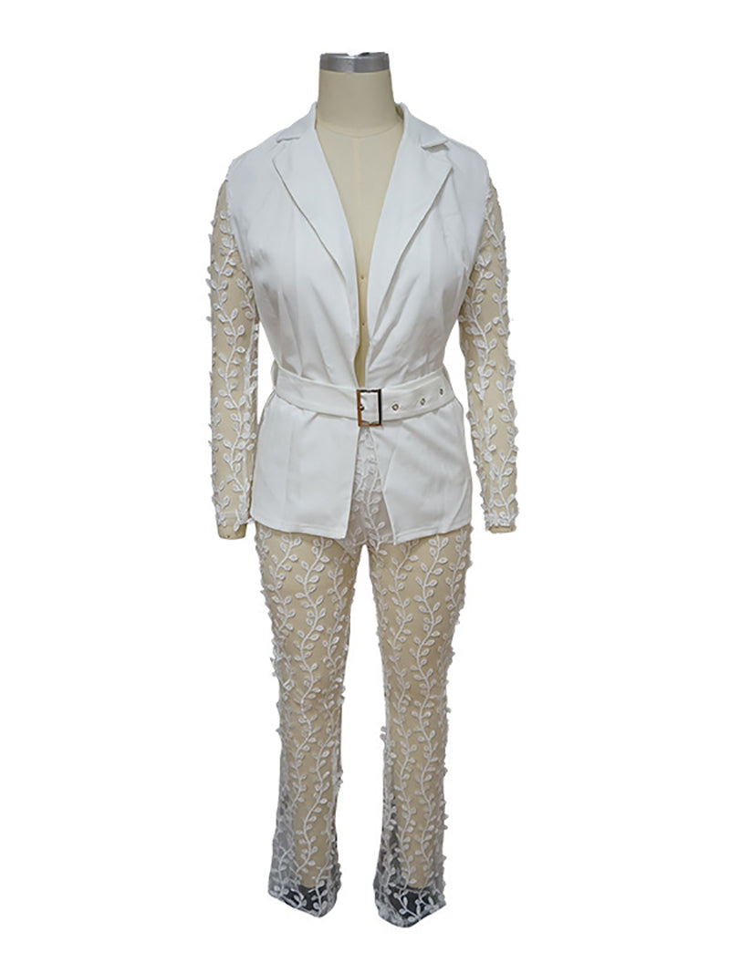 Patchwork Lace Sleeve Belt Blazer Flare Trousers Sets