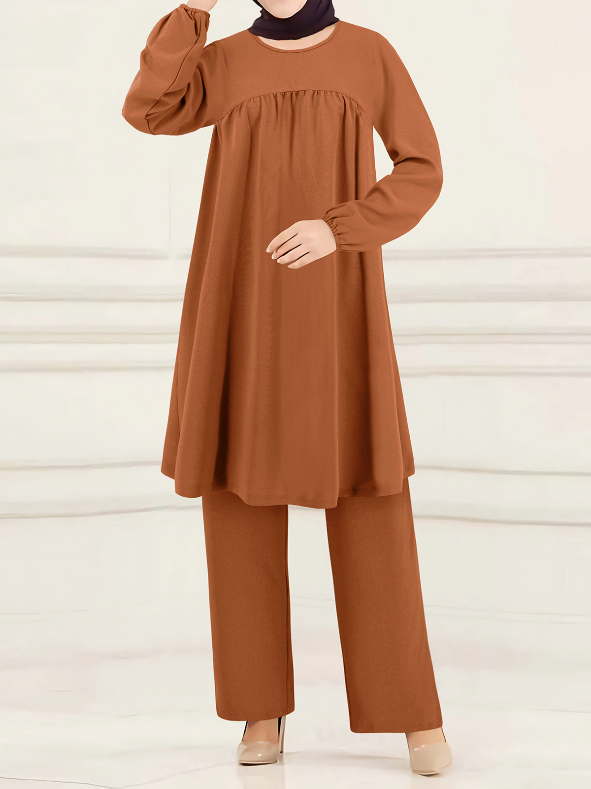 Elegant Solid Long Sleeve Muslim Two Piece Set