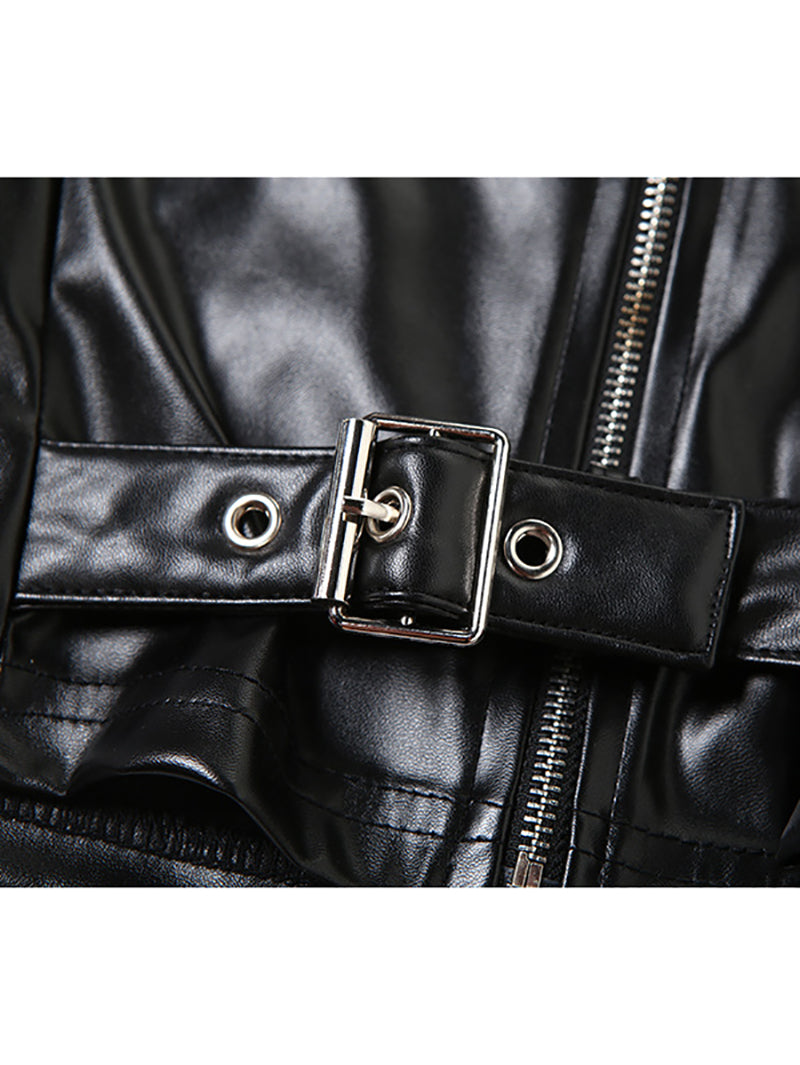 Color Block Faux Leather Zipper Cropped Jacket