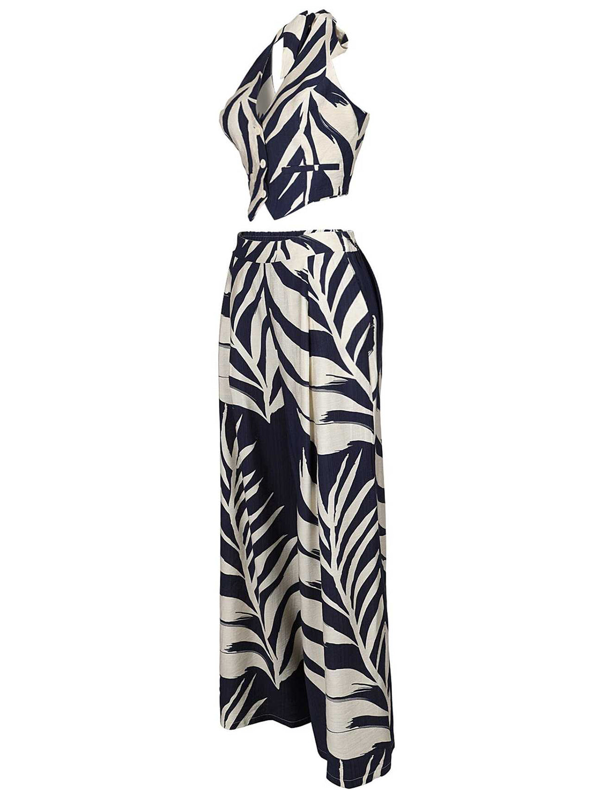 Casual Print Halter Lace-up Top Wide Leg Pants Set