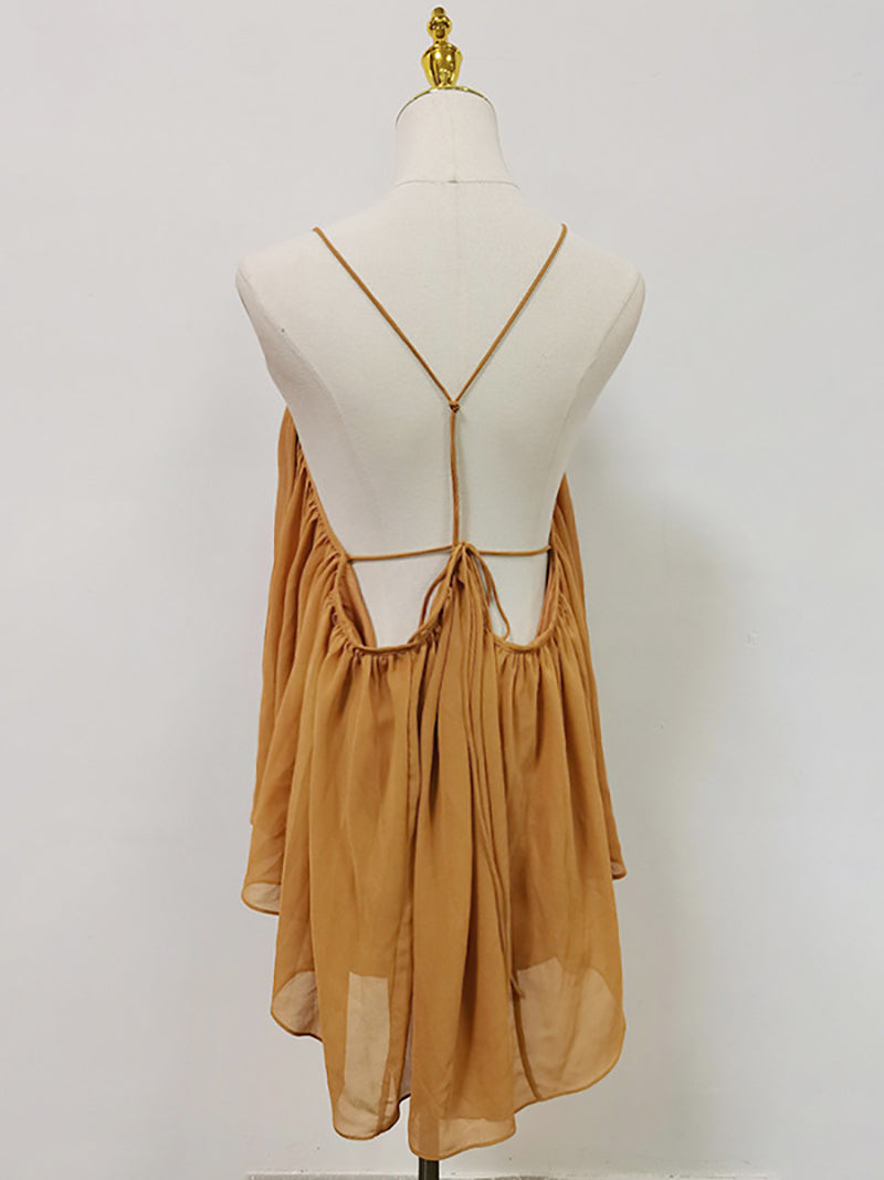 Sexy Chiffon Deep V Sleeveless Pleated Mini Dress