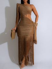 Stylish Asymmetric One Shoulder Fringe Maxi Dress