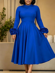 Mock Neck Floral Sleeve A Line Midi Dress