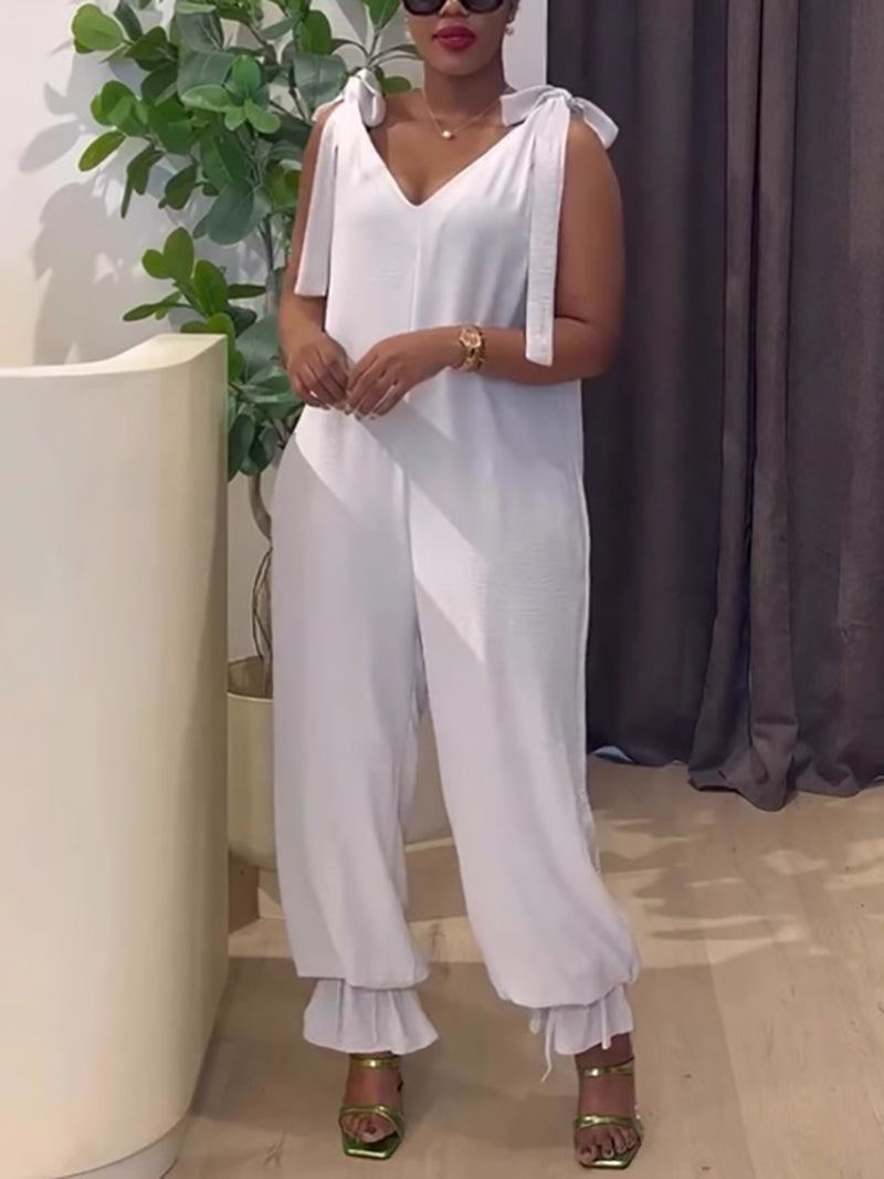 Casual Sleeveless Bow Shoulder Strap Jumpsuit