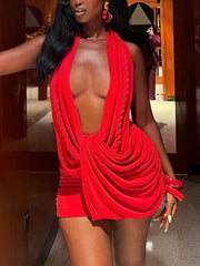 Sexy Deep V Neck Backless Halter Mini Dress