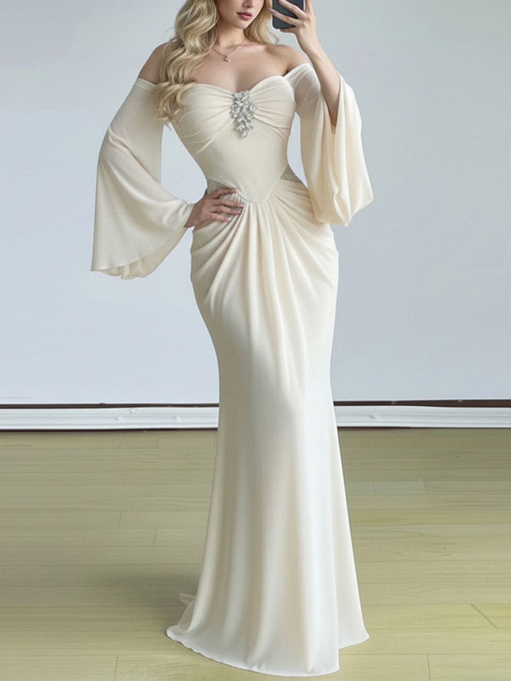 Sexy Off Shoulder Flared Sleeve Ruched Maxi Dress