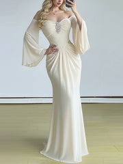 Sexy Off Shoulder Flared Sleeve Ruched Maxi Dress
