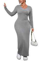 Fashion Solid V Neck Long Sleeve Bodycon Dress