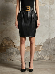 Belted Leather Look Pocket Pencil Skirt-boutique