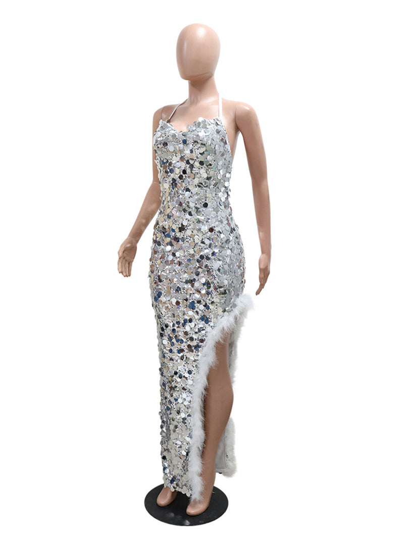 Sequin Slim Feather Trim Slit Halter Neck Maxi Dress