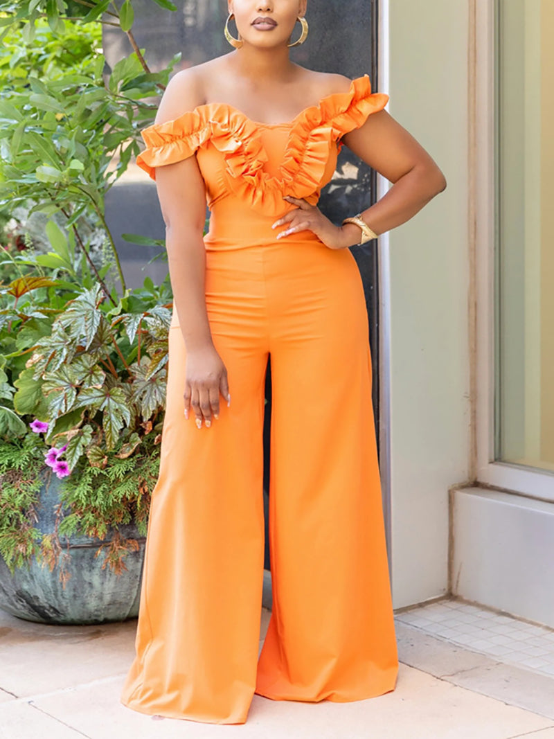 Newest Solid Color Off Shoulder Wide Leg Jumpsuit