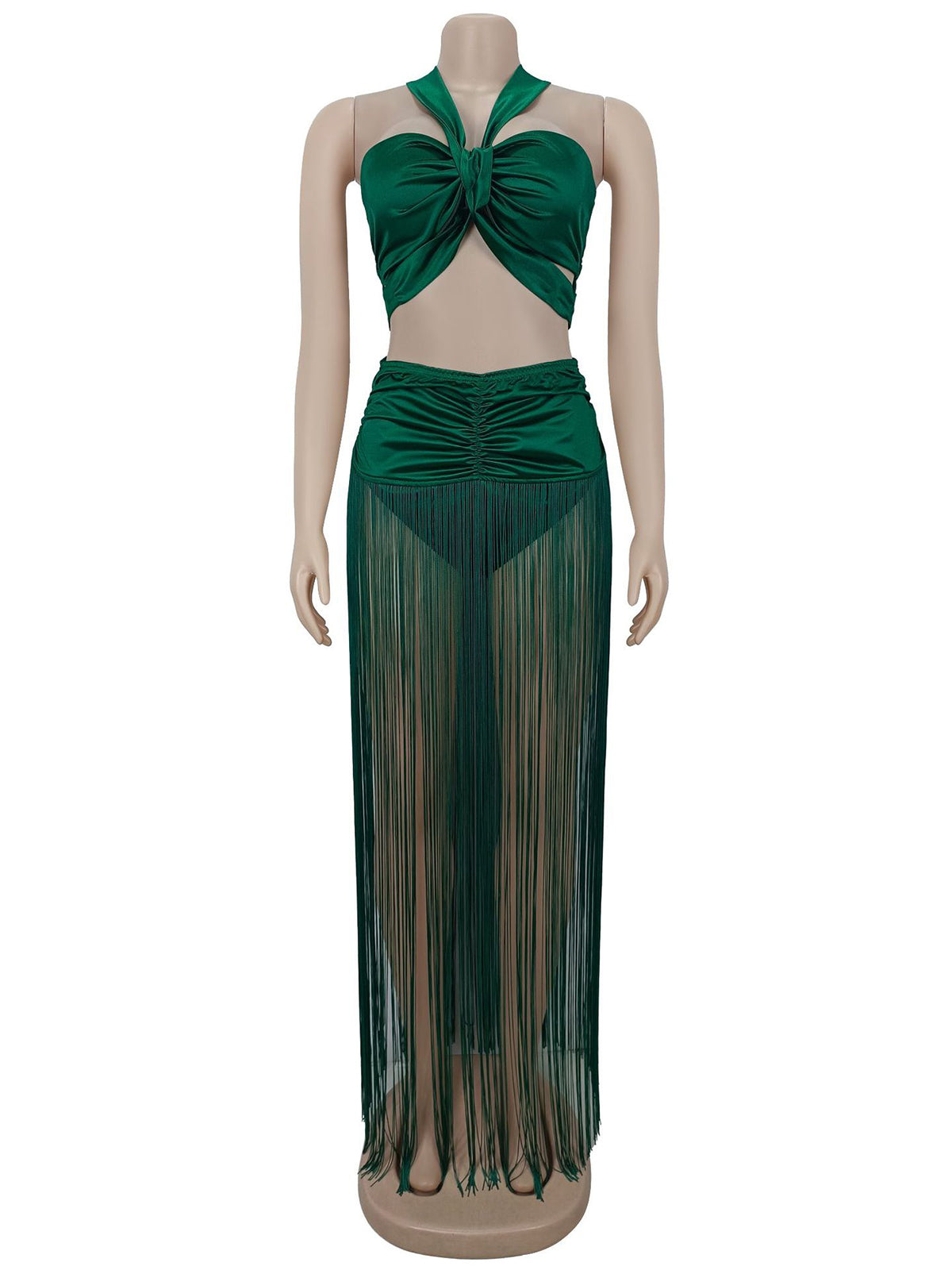 Sexy Crop Tube Top Fringe Maxi Skirt Two Piece Set