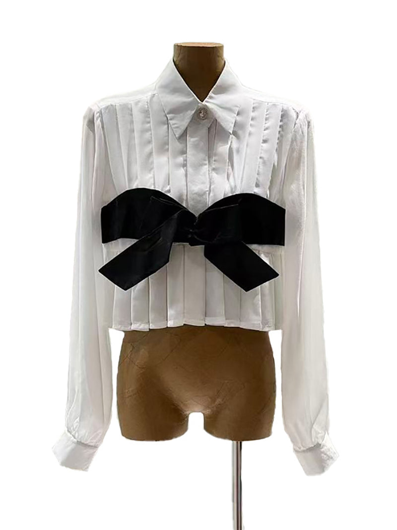 Fashion Patchwork Pleated Crop Blouse