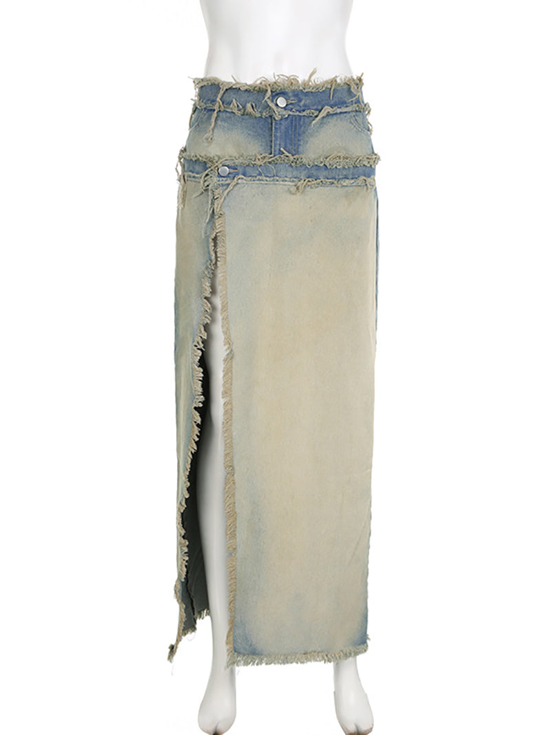 Denim Patchwork Irregularity Slit Long Skirt