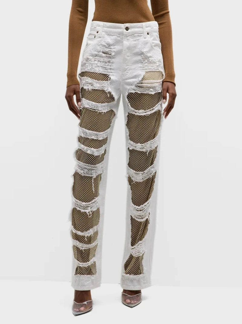 Solid Patchwork Ripped Straight Jeans