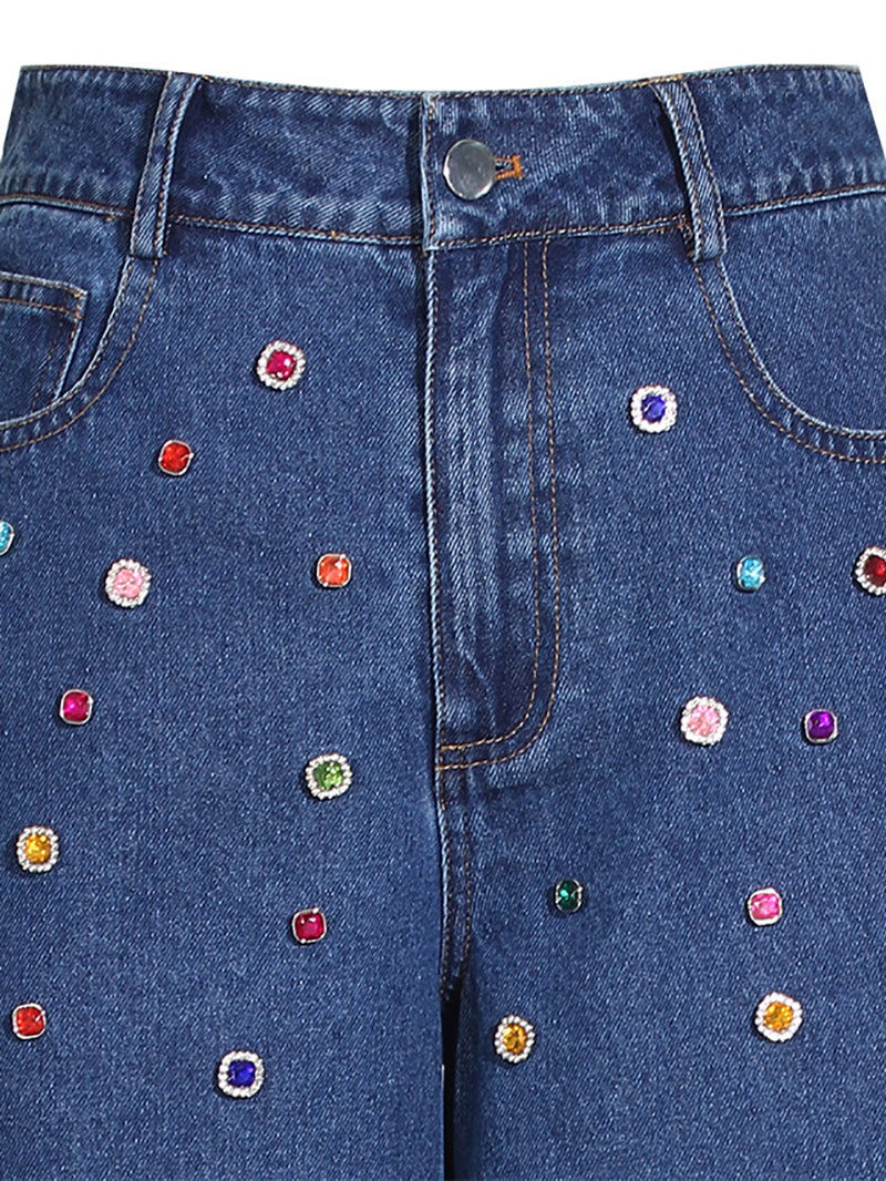 Casual Beading Embellishment Denim Jacket And Jeans Set