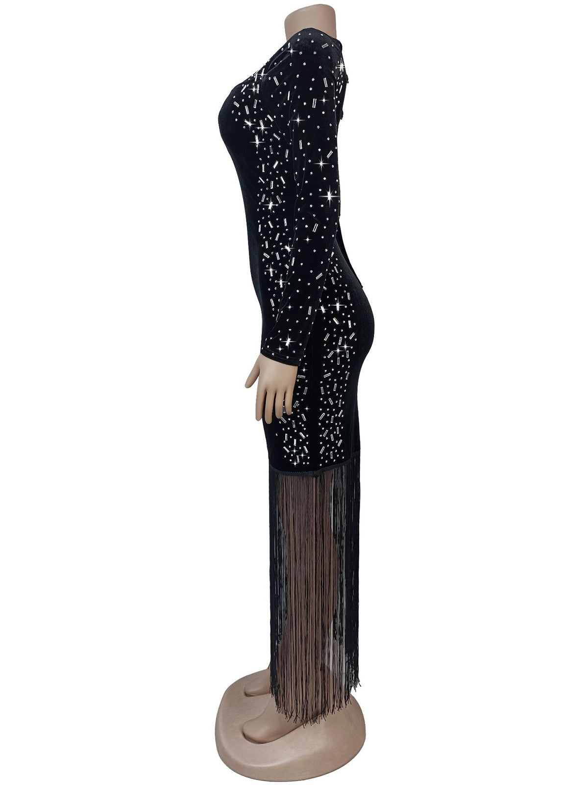 Fashion Rhinestone Decor Fringe Asymmetry Bodycon Dress