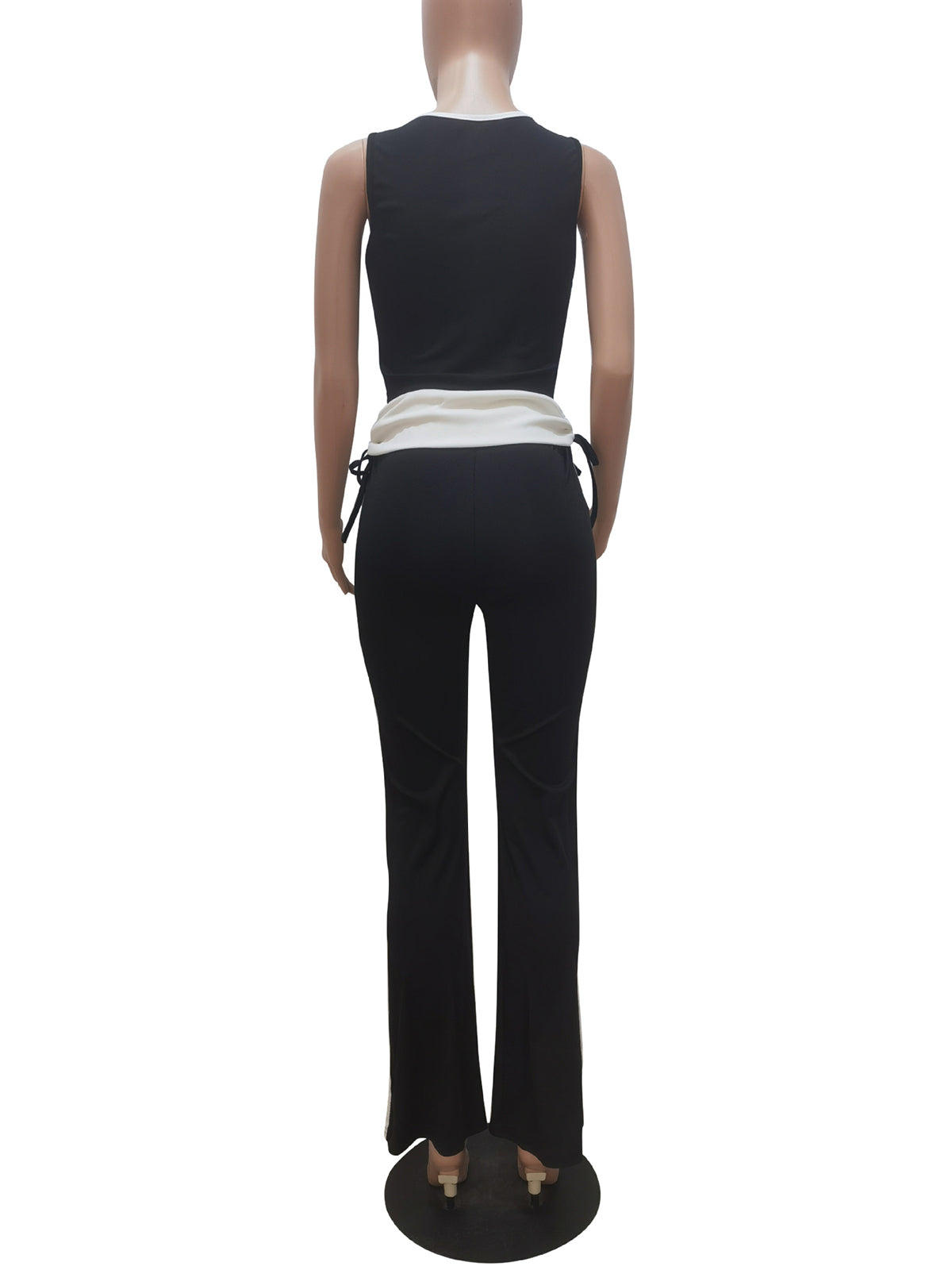Casual Ribbed Patchwork Crop Vest Drawstring Pants Set